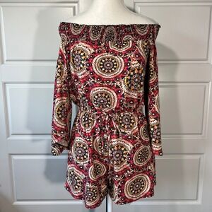 Love Tree Off Shoulder Romper Long Sleeve Medallion Print Drawstring Waist XS